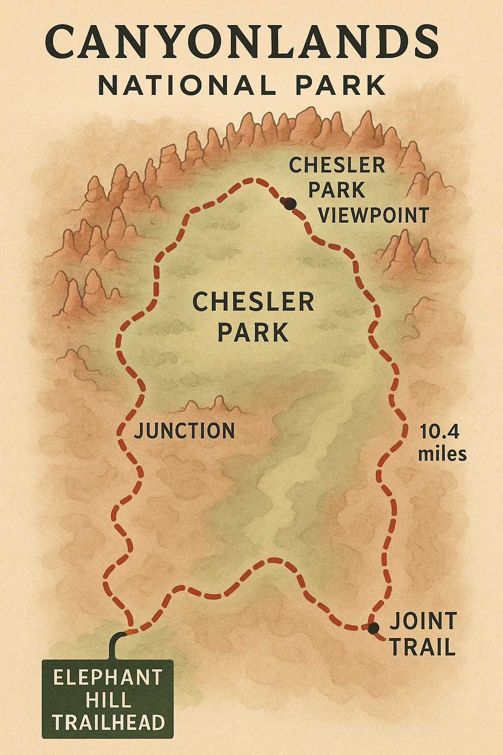 Chesler Park Loop Trail Map Canyonlands National Park Trail map of Chesler Park Loop Trail in Canyonlands National Park showing the full loop, Elephant Hill Trailhead, Chesler Park meadow, and Joint Trail.