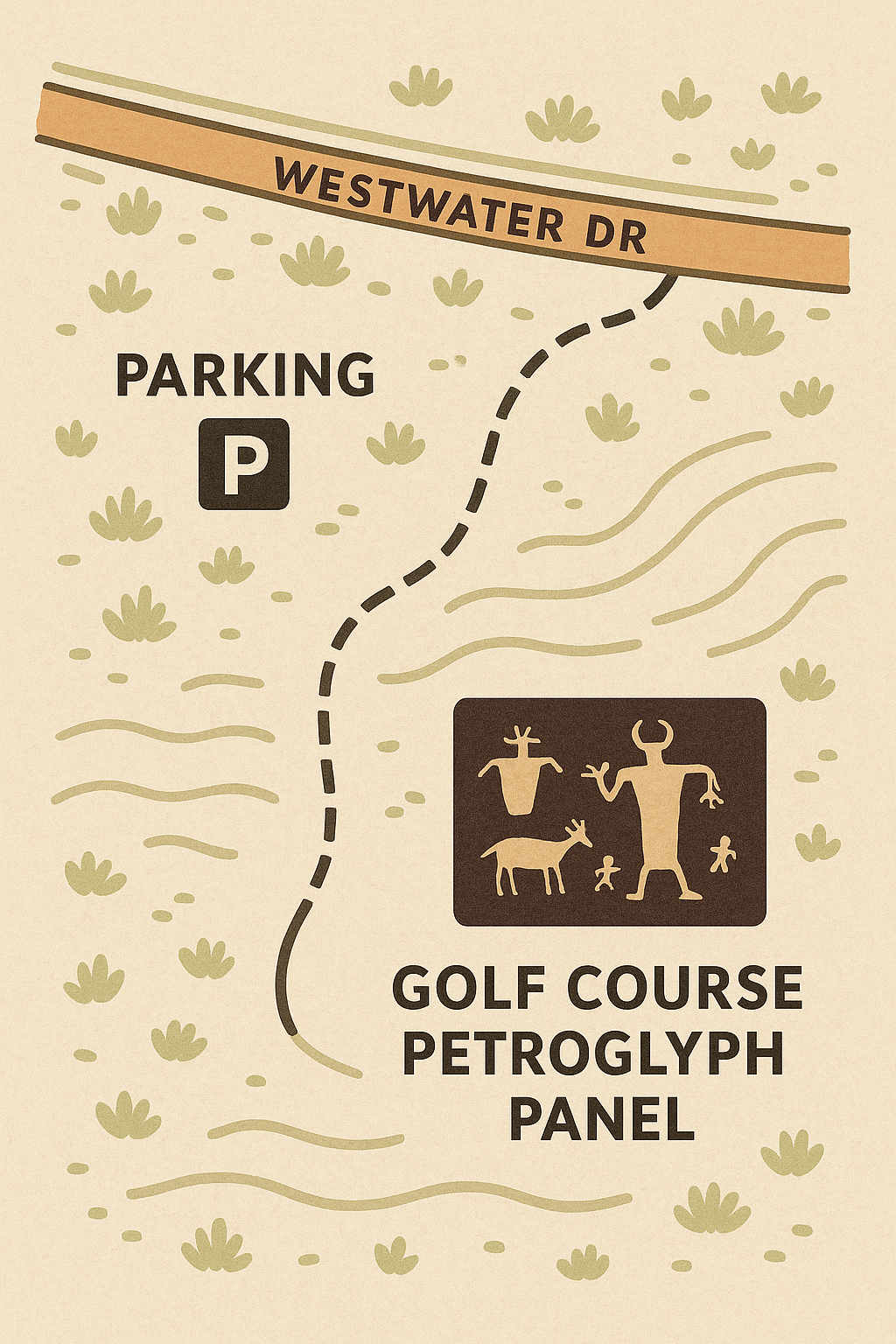 Trail map illustrating easy access to the Golf Course Petroglyph Panel near Moab, including parking location and panel viewing area.