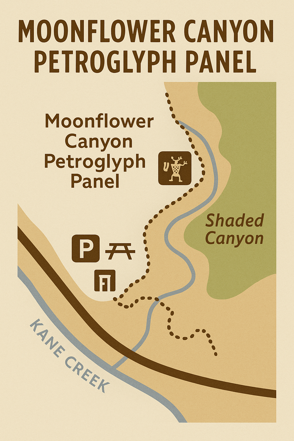 Moonflower Canyon Trail Map Trail map illustrating easy access to Moonflower Canyon Petroglyph Panel, highlighting parking, picnic area, and petroglyph locations.
