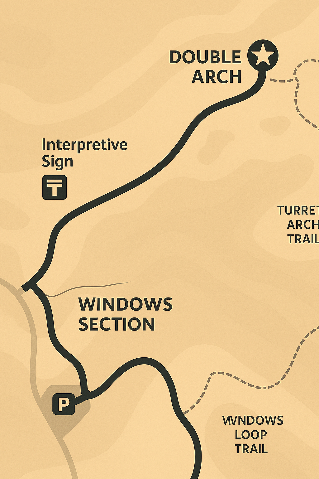 Trail Map Overview Trail map showing the easy hiking route from the Windows Section parking area to Double Arch in Arches National Park, with nearby attractions labeled.