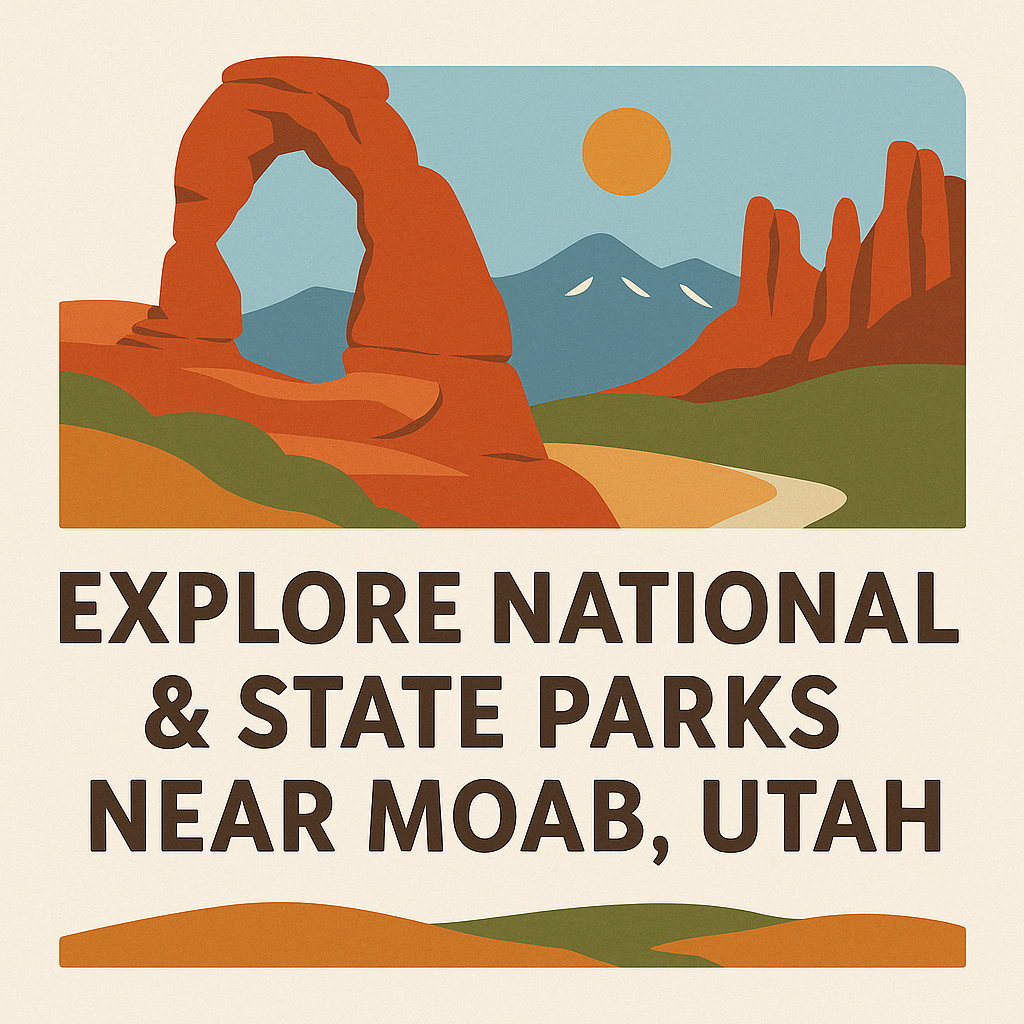national_state_park_moab Retro-style illustrated hero image featuring red rock formations, a sandstone arch, desert hills, and distant blue mountains under a warm sun. Bold text reads “Explore National & State Parks Near Moab, Utah” in dark brown letters, evoking the look of a vintage travel poster.
