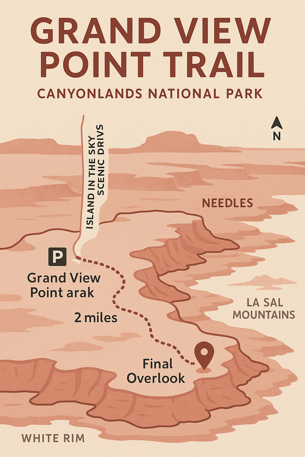 Grand View Point Trail Map Canyonlands National Park Map of Grand View Point Trail in Canyonlands National Park showing the trail path along the canyon rim with overlook points and scenic landmarks.