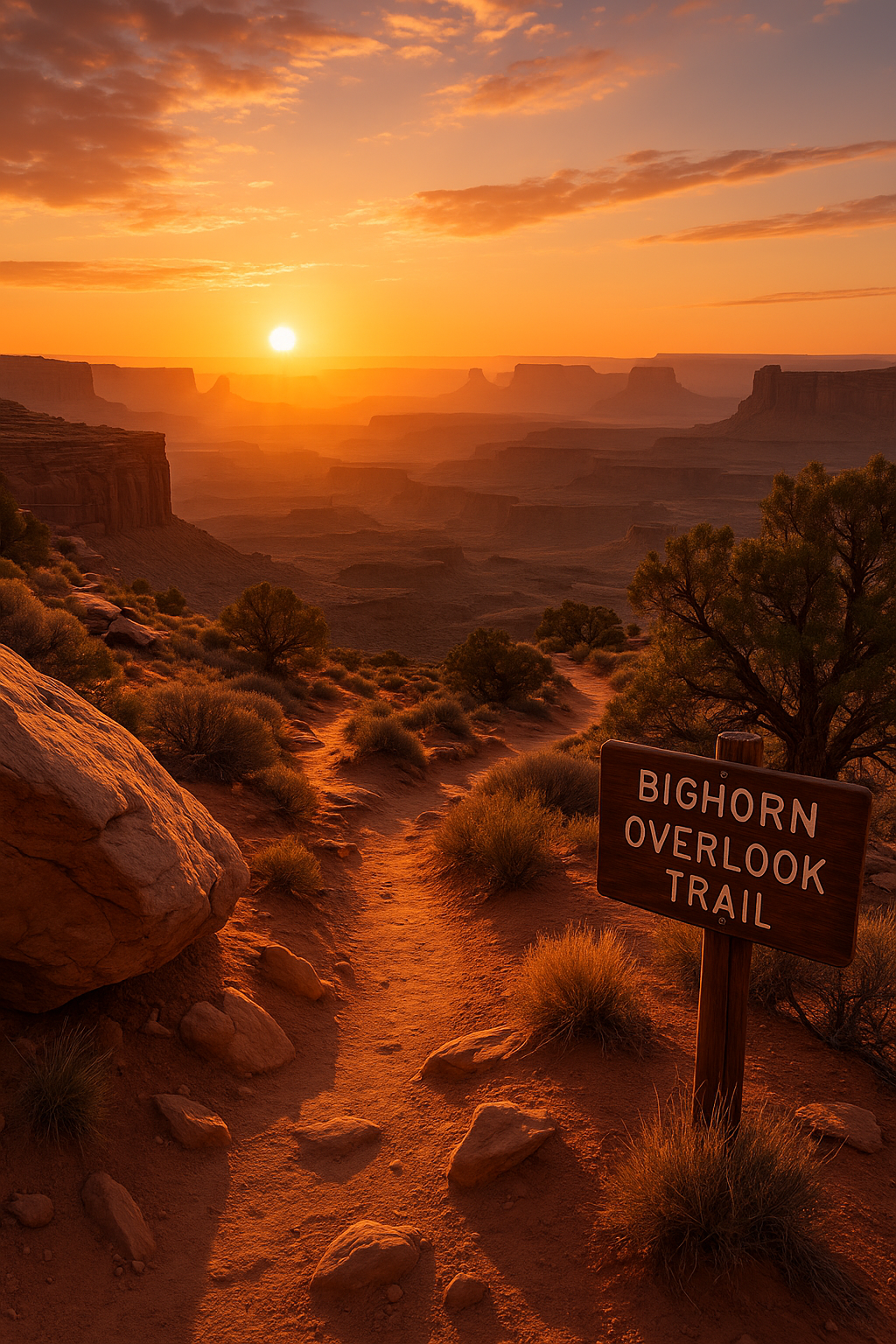 Edge of the Bighorn Overlook Trail with layered canyons and the Colorado River visible in the background