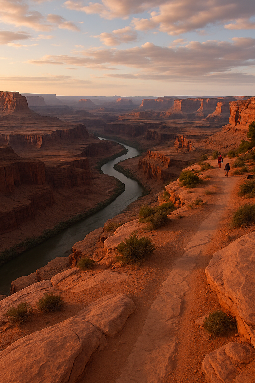 View from the Dead Horse Rim Loop Trail with hikers on slickrock and the Colorado River visible in the canyon below.