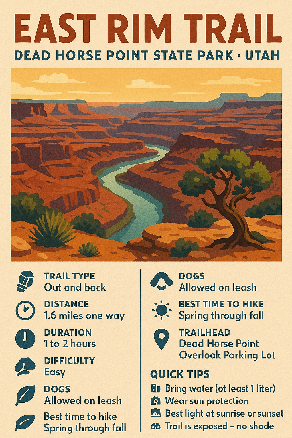 east rim hiking trail infographic Simplified route map of East Rim Trail and connections to West Rim and Visitor Center
