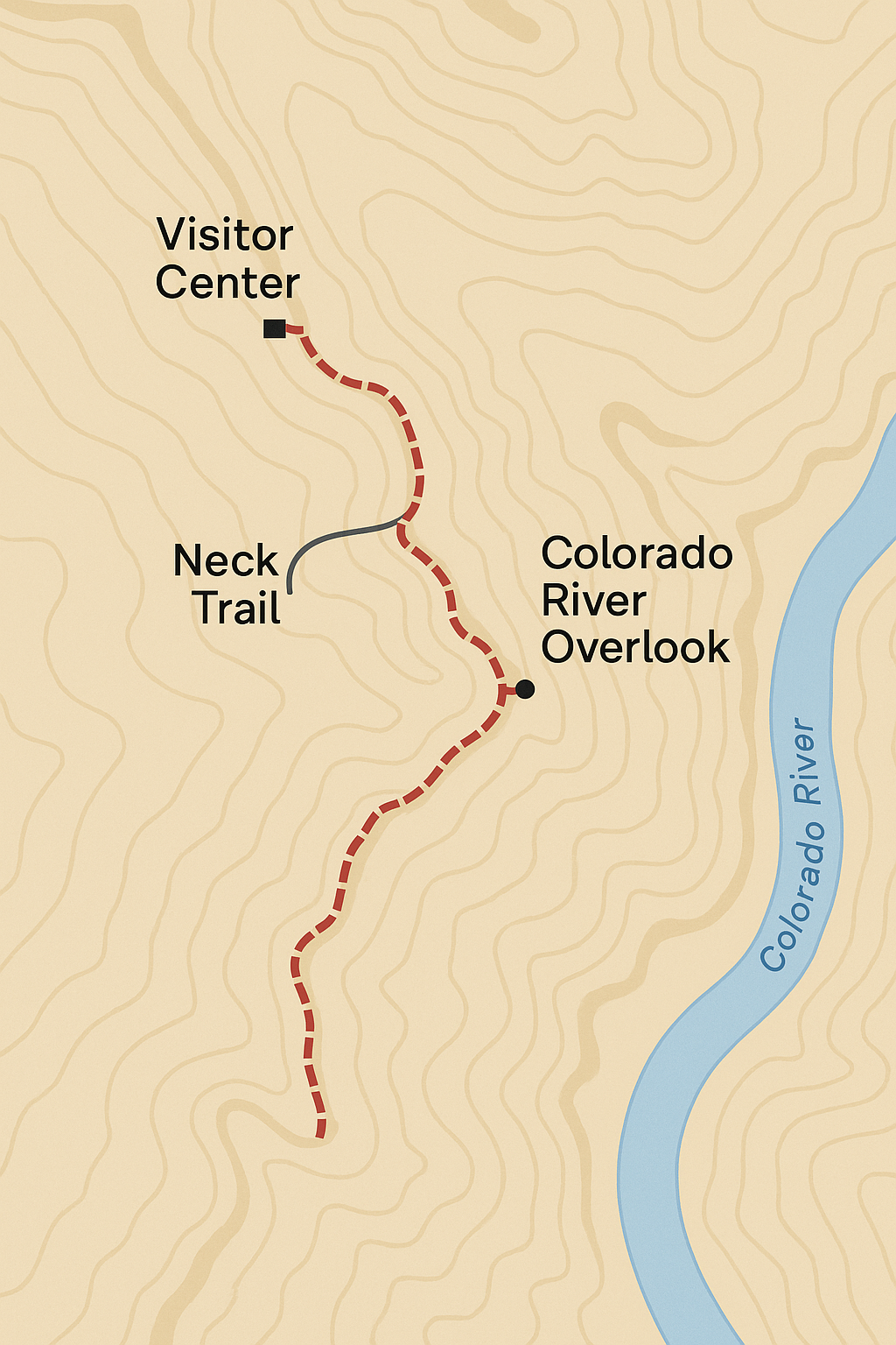 colorado_river_overlook_trail_map A topographic-style trail map showing the Colorado River Overlook Trail in Dead Horse Point State Park. The red dashed trail begins at the Visitor Center, passes the Neck Trail junction, and ends at the Colorado River Overlook above a bend in the river. Light contour lines and desert colors depict the surrounding terrain.