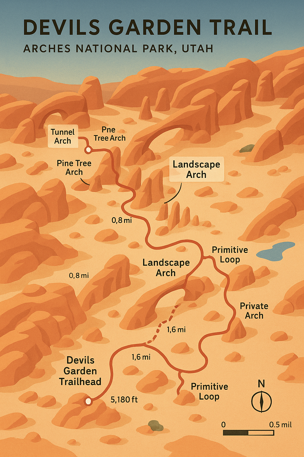Devils Garden Trail Map — Arches National Park Hiking Guide Trail map of the Devils Garden hike in Arches National Park showing main route, spur trails to seven arches, distance markers, and Primitive Loop.
