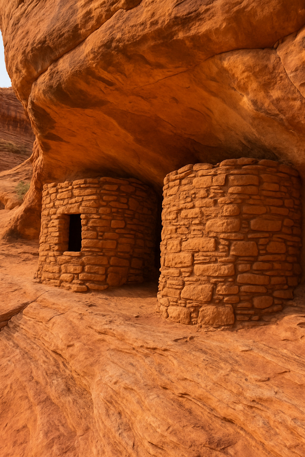 Aztec Butte Granaries – Canyonlands National Park Ancestral Puebloan granaries built into a sandstone alcove on Aztec Butte in Canyonlands National Park.