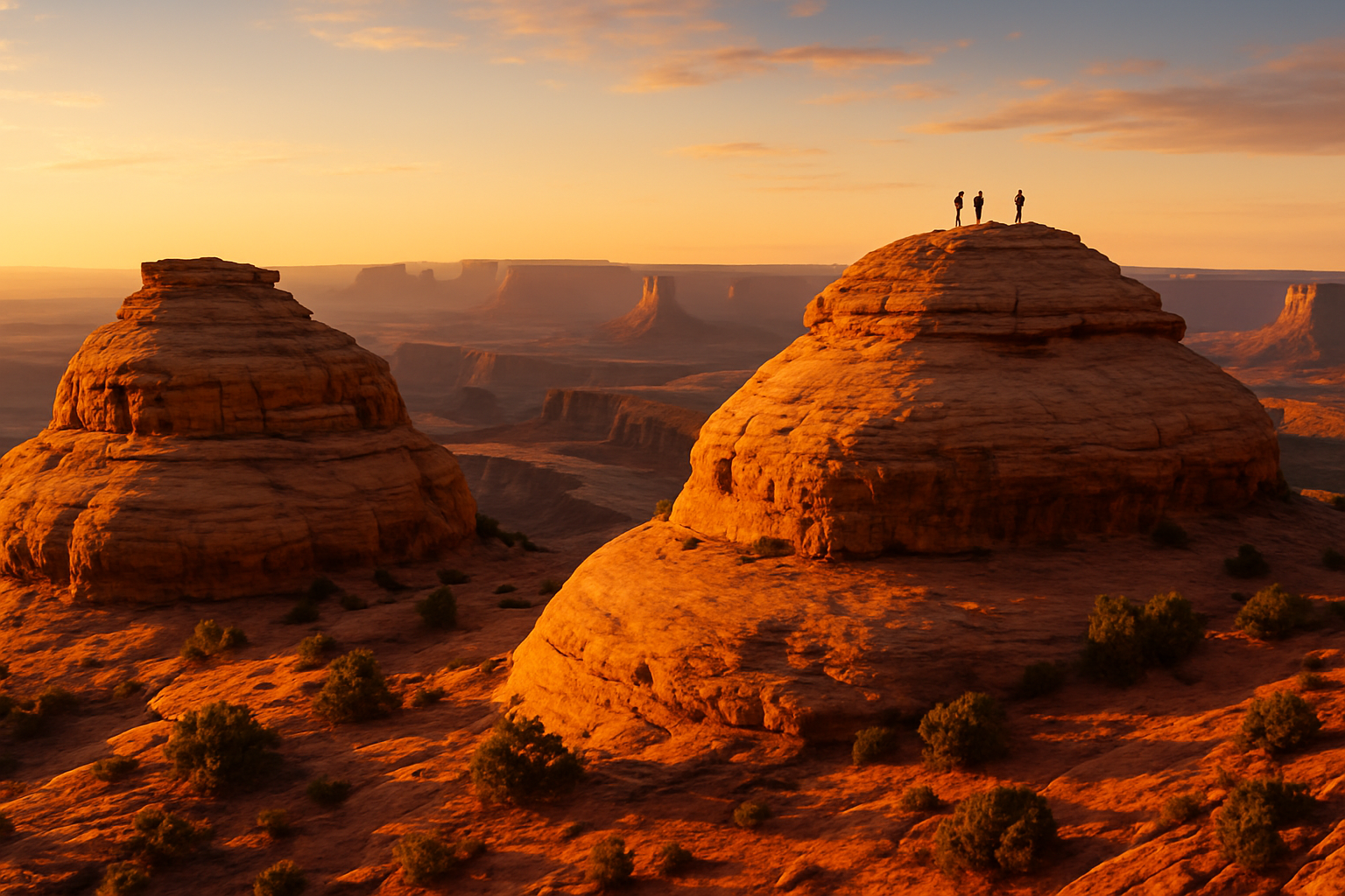 Aztec Butte Trail Hero Image – Canyonlands National Park Hikers standing atop Aztec Butte in Canyonlands National Park at sunset, overlooking red rock mesas and distant canyons.