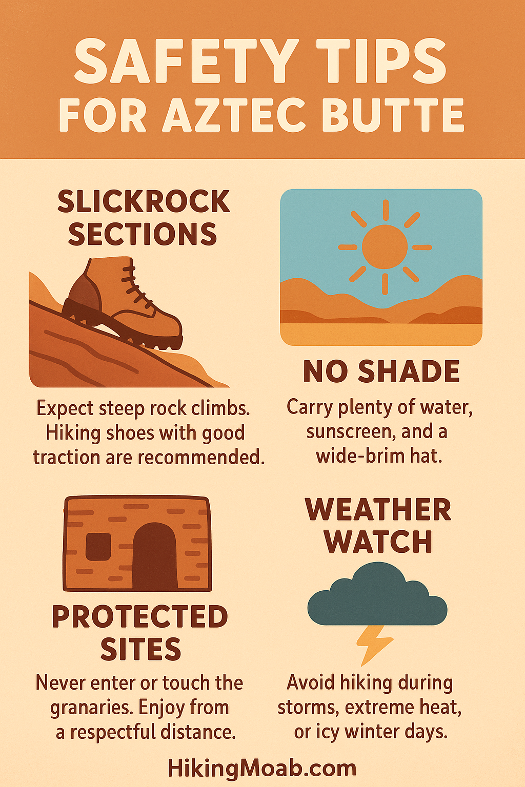Aztec Butte Trail Safety Tips Infographic Infographic showing safety tips for hiking Aztec Butte Trail in Canyonlands: slickrock climbs, no shade, protected granaries, and weather awareness.