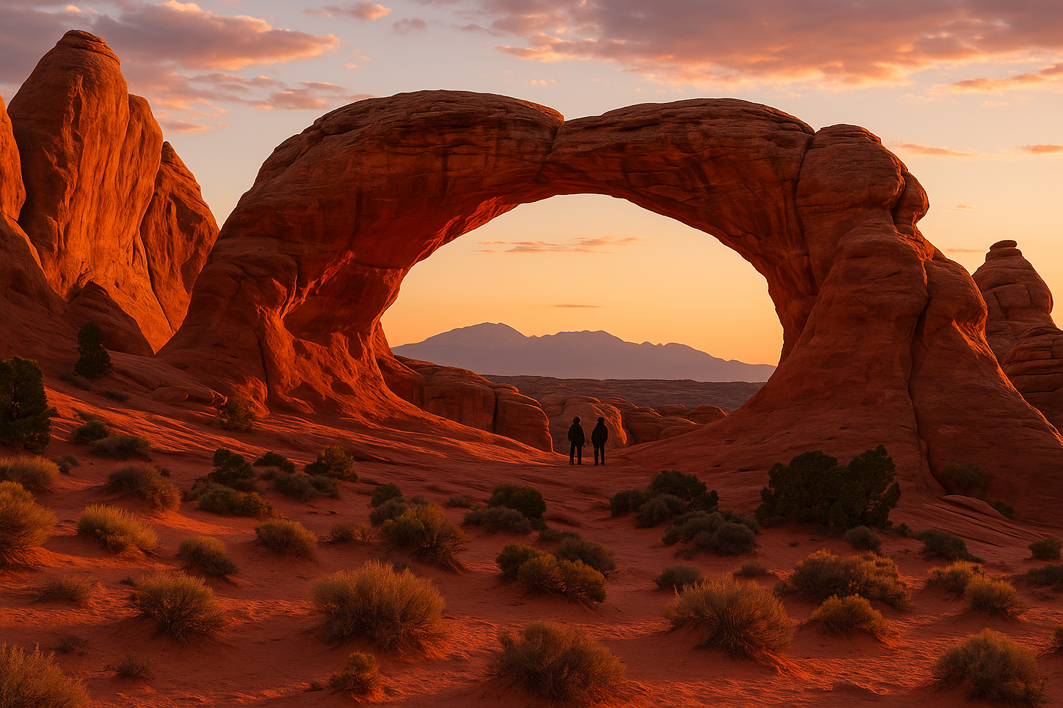 Broken Arch in Arches National Park glowing at sunset, with hikers on the trail and sandstone fins rising in the background.