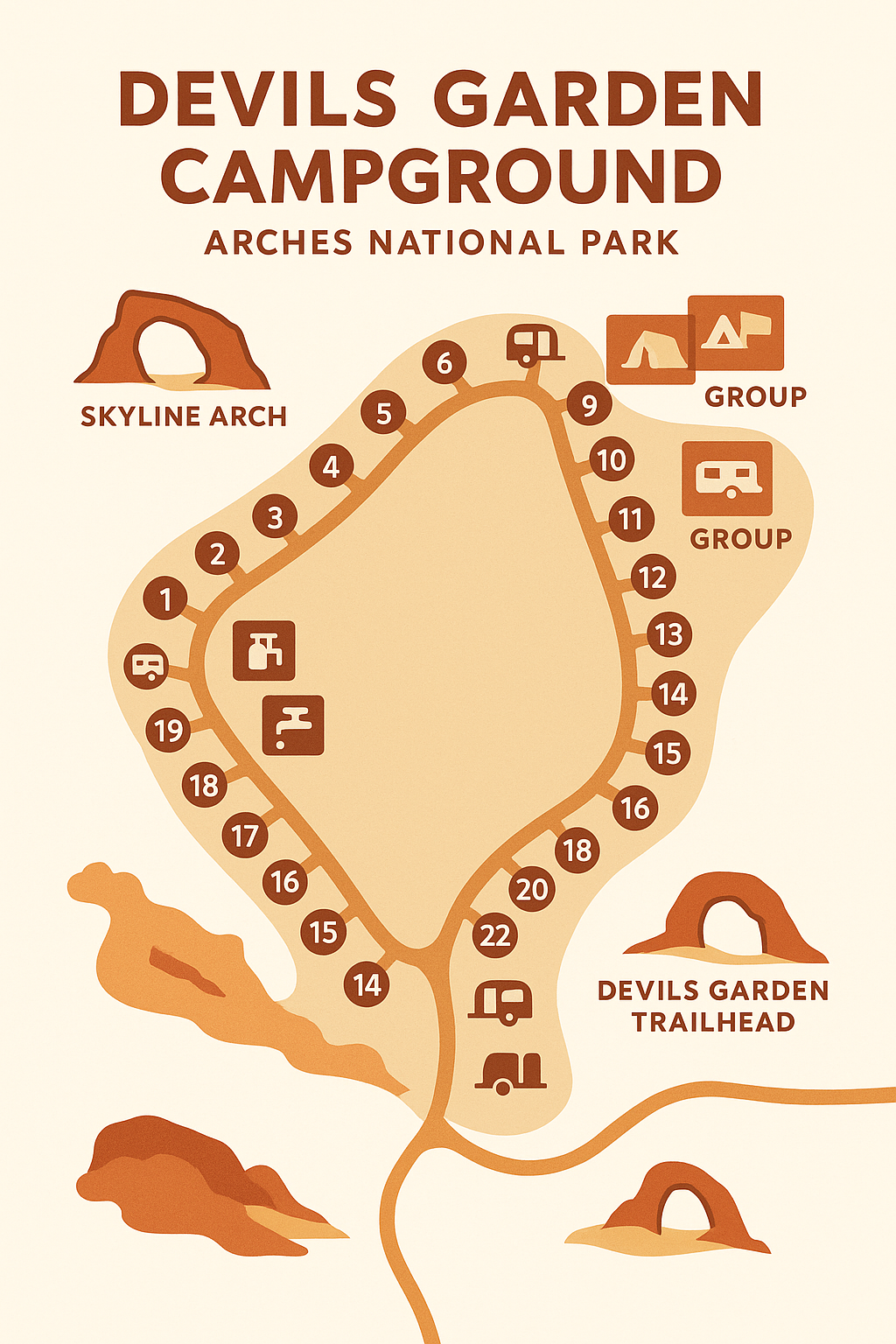 Illustrated map of Devils Garden Campground showing campsites, group sites, restrooms, and nearby hiking trail access.