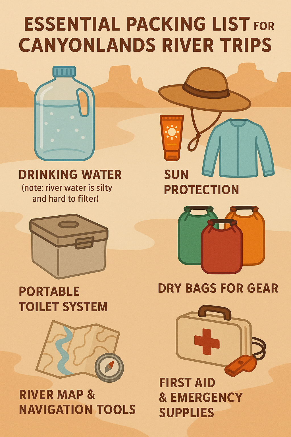 Essential Packing List for Canyonlands River Trips Illustrated infographic showing six essentials for river trips in Canyonlands: water jug for drinking water, sun protection with hat and sunscreen, colorful dry bags for gear, portable toilet system, folded river map with compass, and a first-aid kit with emergency supplies.