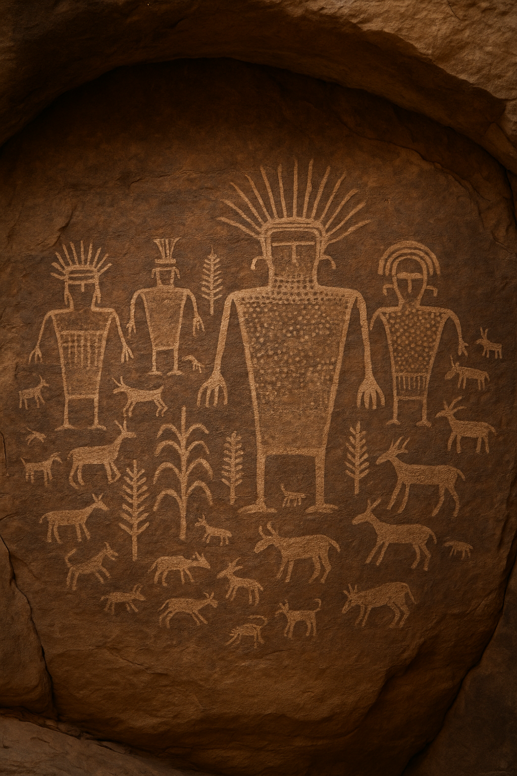 Harvest Scene Petroglyph Panel in the Maze District of Canyonlands National Park Detailed Ancestral Puebloan petroglyphs of human figures, plants, and animals carved into a sandstone wall in the Maze District of Canyonlands National Park.