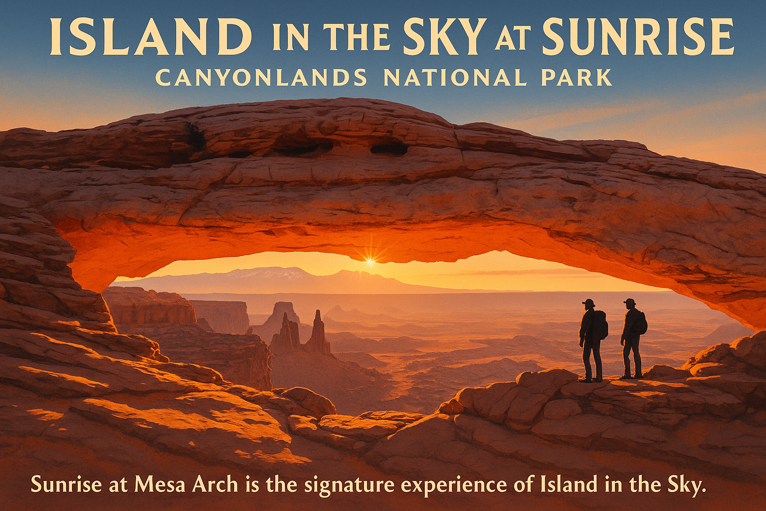 Island in the Sky at Sunrise – Canyonlands National Park Sunrise view from Island in the Sky district in Canyonlands National Park, with Mesa Arch glowing orange and canyon cliffs stretching into the distance.