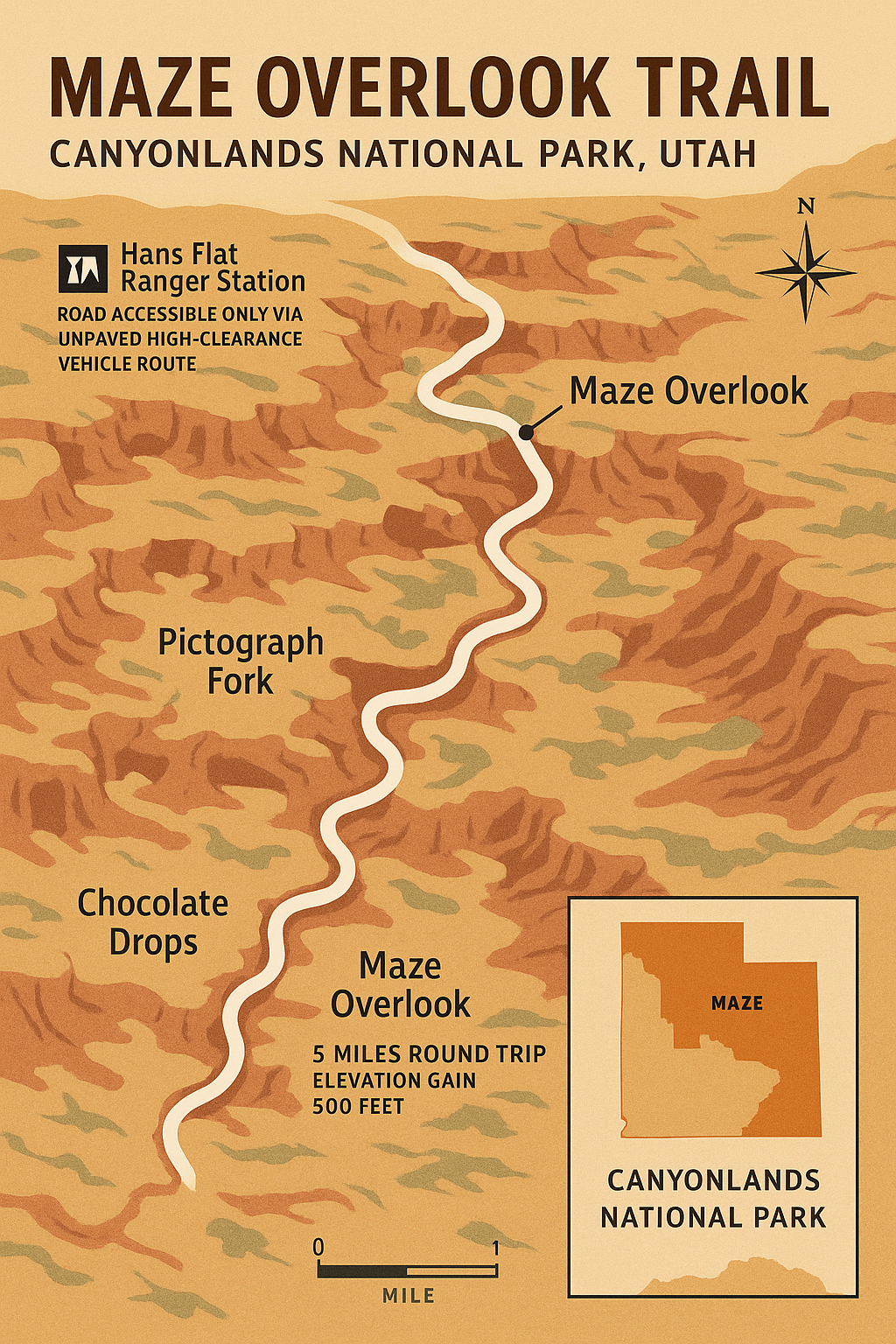 Maze Overlook Trail Map – Canyonlands National Park, Utah Illustrated trail map of the Maze Overlook Trail in the Maze District of Canyonlands National Park, showing the route from the Maze Overlook Trailhead to the viewpoint, with key landmarks including Hans Flat Ranger Station, Pictograph Fork, and the Chocolate Drops, plus distance, elevation gain, compass rose, and locator map of Canyonlands.