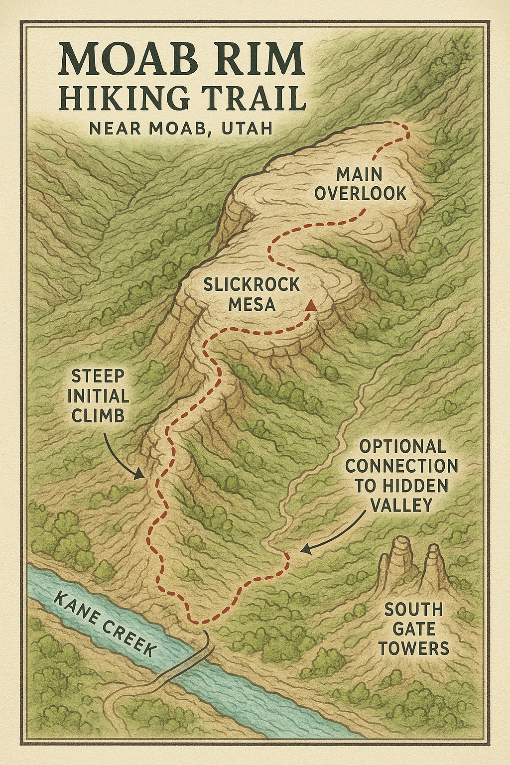 Illustrated map of the Moab Rim Hiking Trail near Moab, Utah, showing the route from Kane Creek up a steep initial climb to Slickrock Mesa and the Main Overlook, with an optional connection to Hidden Valley and landmarks such as the South Gate Towers.