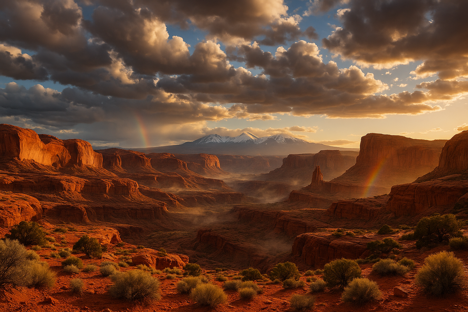 Panoramic view of Moab’s red rock cliffs and snow-capped La Sal Mountains under dramatic skies, with a faint rainbow and light canyon mist.
