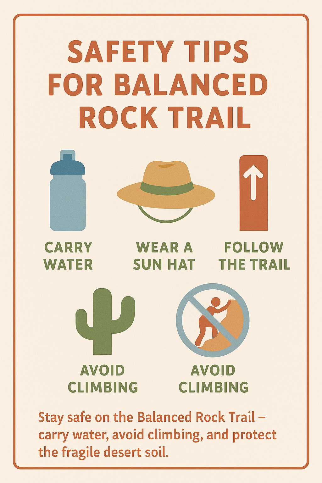 Safety Tips for Balanced Rock Trail Illustrated infographic showing Balanced Rock Trail safety tips with icons for water bottle, sun hat, trail marker, and no climbing sign, styled in desert tones.
