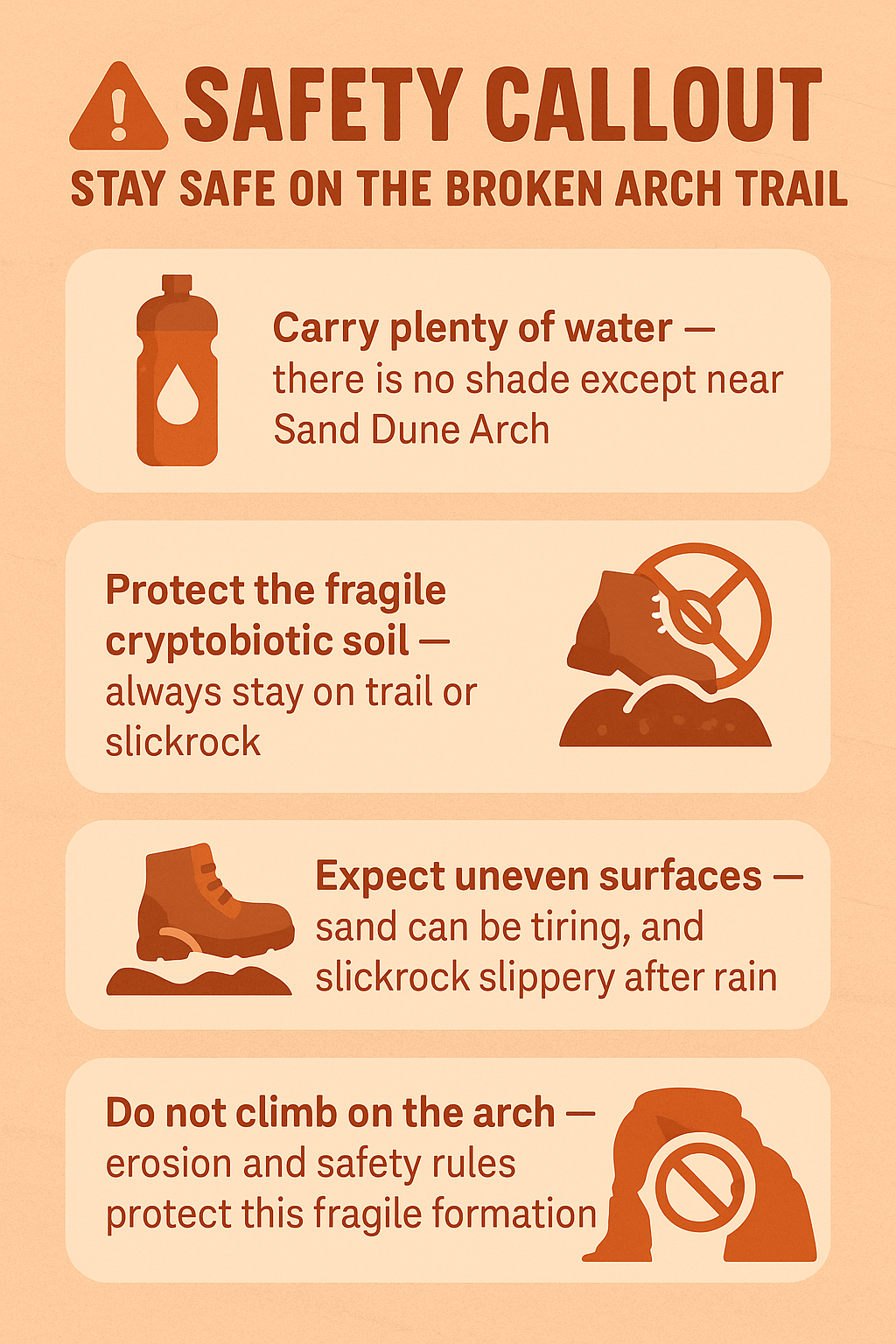 Infographic showing safety tips for Broken Arch Trail with icons for water bottle, cryptobiotic soil, uneven footing, and no climbing on the arch.