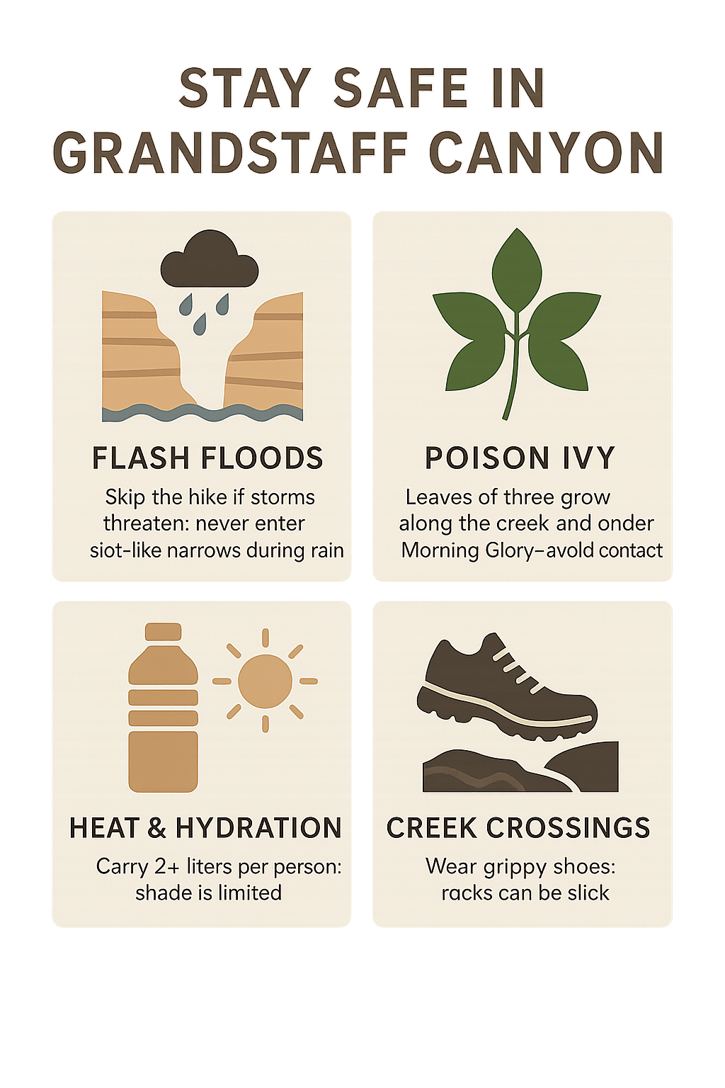 Four‑panel safety infographic for Grandstaff Canyon covering flash floods, poison ivy, heat, and creek crossings.