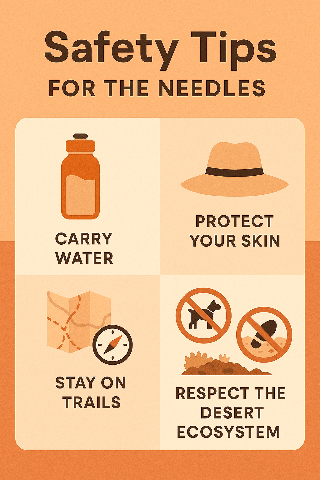Safety Tips for The Needles Illustrated infographic showing safety tips for hiking in The Needles, with icons for water, sun protection, navigation, and protecting fragile desert soil.