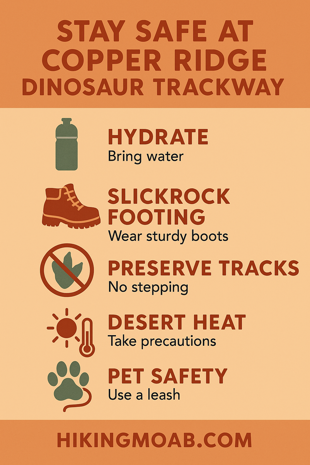 Illustrated infographic showing Copper Ridge Dinosaur Trackway safety tips with icons for water bottle, hiking boots, dinosaur footprint with “no stepping” sign, sun with thermometer, and paw print with leash. Styled in warm desert tones.