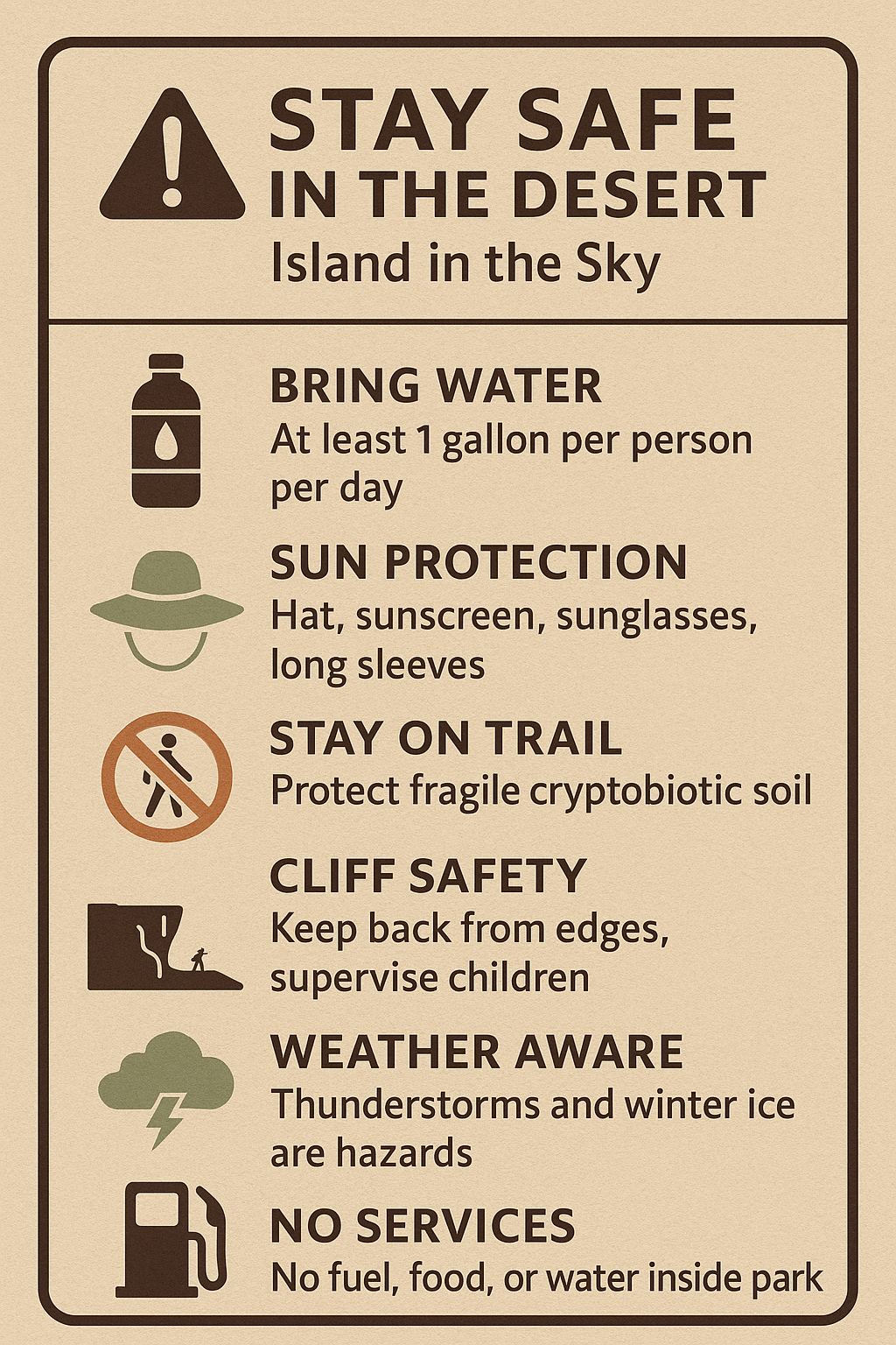 Stay Safe in the Desert – Island in the Sky Illustrated safety infographic for Island in the Sky, Canyonlands National Park, showing icons for water, sun protection, staying on trails, cliff safety, weather awareness, and lack of services, styled like a National Park Service brochure.