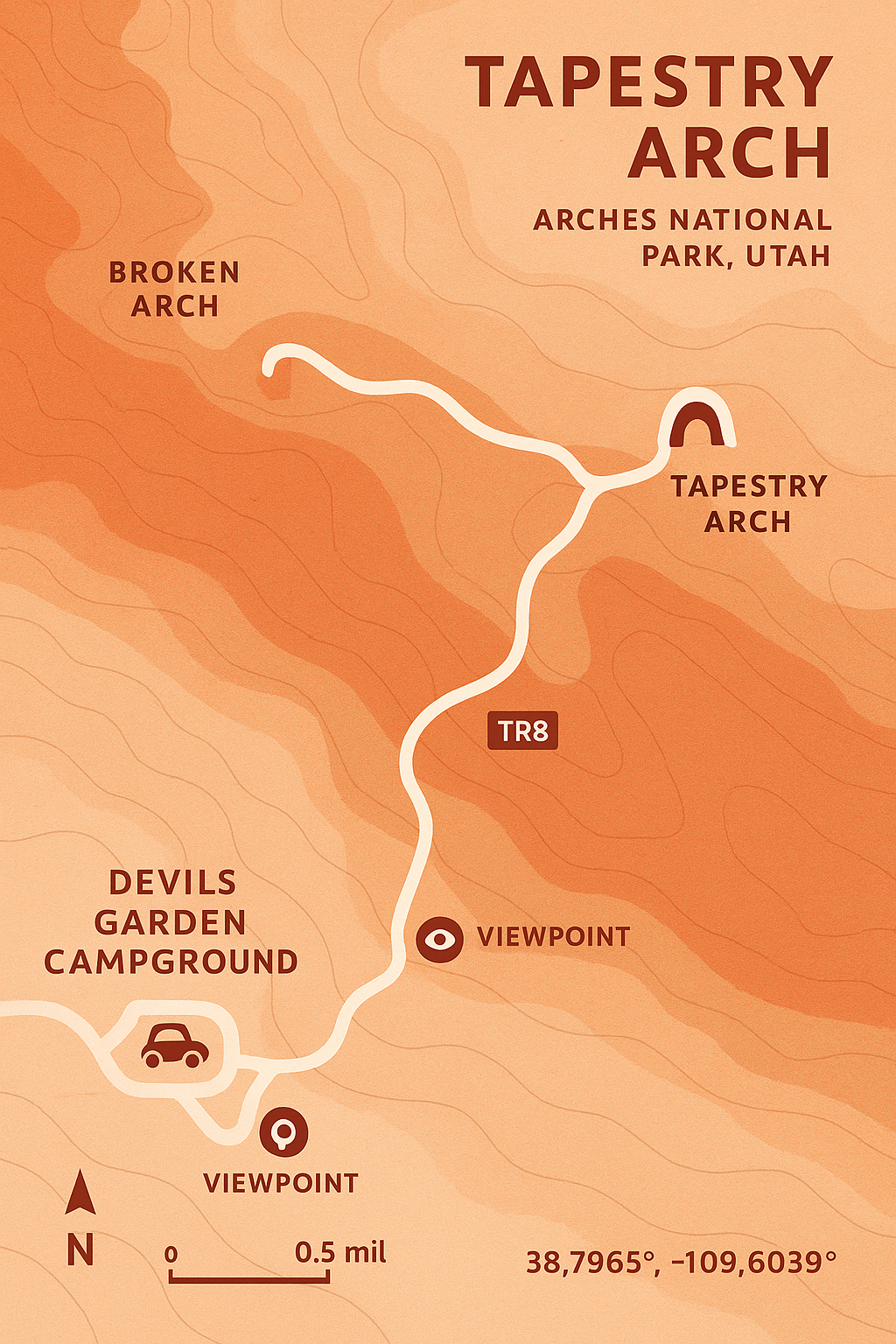 Tapestry Arch Trail hike in a stylized map in soft colors.