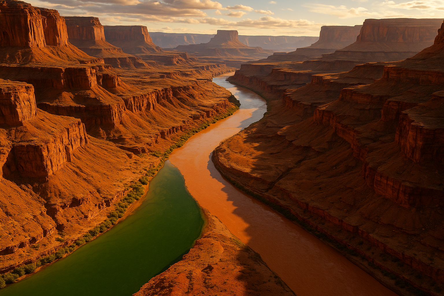 The Confluence of the Green and Colorado Rivers in Canyonlands National Park Aerial view of the Confluence where the green waters of the Green River merge with the red Colorado River, surrounded by towering canyon cliffs in Canyonlands National Park.