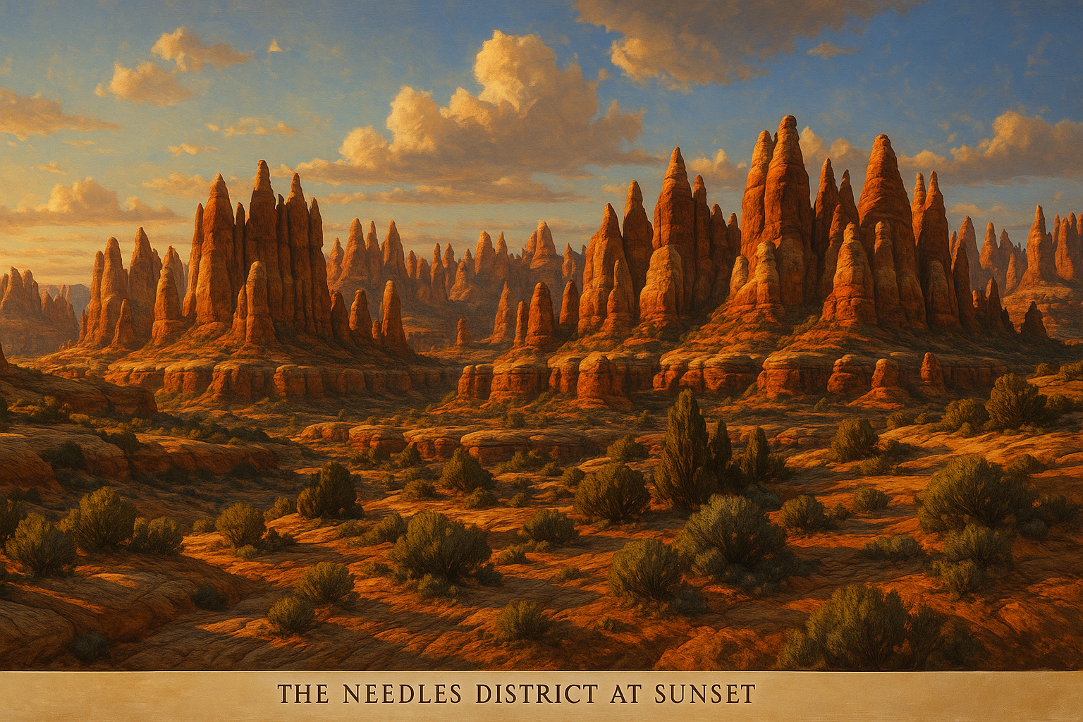 The Needles District at Sunset Panoramic view of red sandstone spires glowing in the sunset light at The Needles District in Canyonlands National Park.