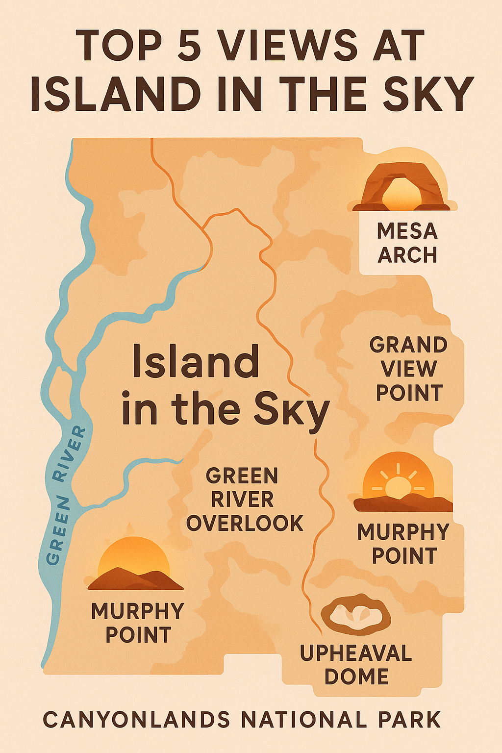 Top 5 Views at Island in the Sky Illustrated infographic map of Island in the Sky district in Canyonlands National Park, highlighting Mesa Arch, Grand View Point, Green River Overlook, Murphy Point, and Upheaval Dome.