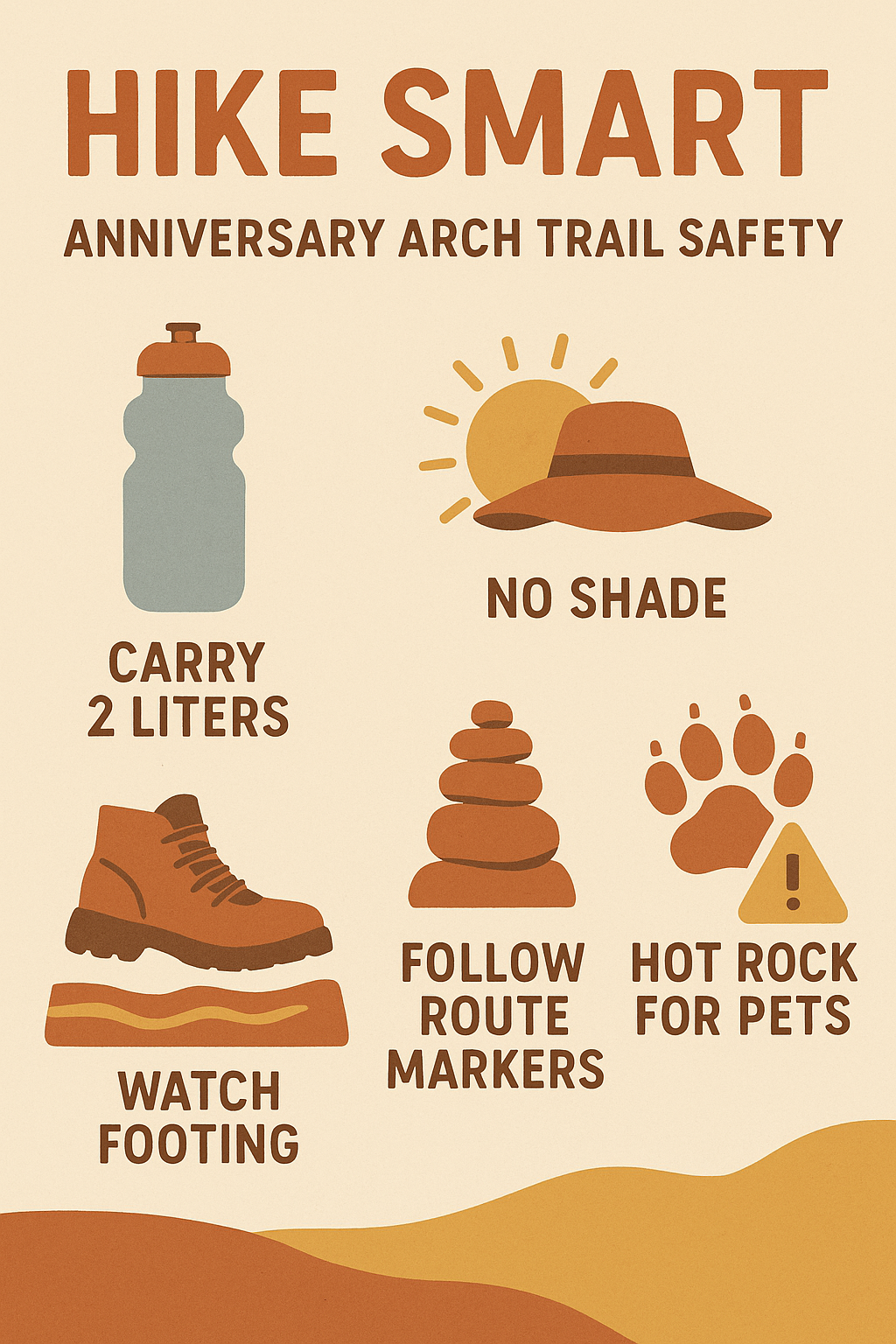 Safety tips infographic for hiking Anniversary Arch Trail near Moab