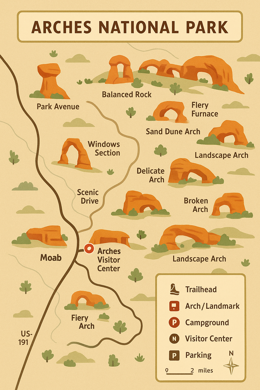 arches park map Simplified illustrated map of Arches National Park showing Moab, the park entrance, Scenic Drive, Visitor Center, Devils Garden Campground, and major arches including Delicate Arch, Landscape Arch, Double Arch, Balanced Rock, Windows Section, Fiery Furnace, Park Avenue, Sand Dune Arch, Skyline Arch, Broken Arch, and Tower Arch, with a legend for icons.