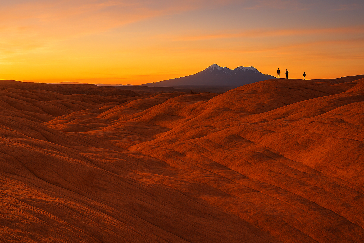 Wide-angle panoramic of Bartlett Wash Trail near Moab, Utah, showing vast rolling sandstone slickrock glowing orange at sunset with hikers silhouetted against the horizon and La Sal Mountains in the background.