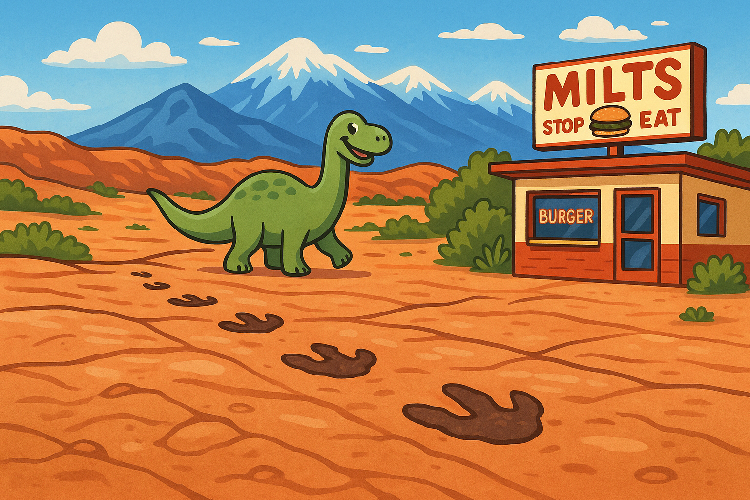 Cartoon dinosaur walks across the red rocks to Milts to get a hamburger.