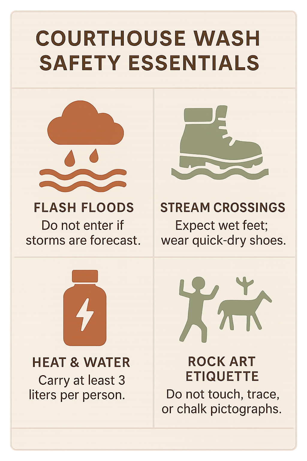 Courthouse Wash safety infographic with flood, crossings, heat, and rock art tips