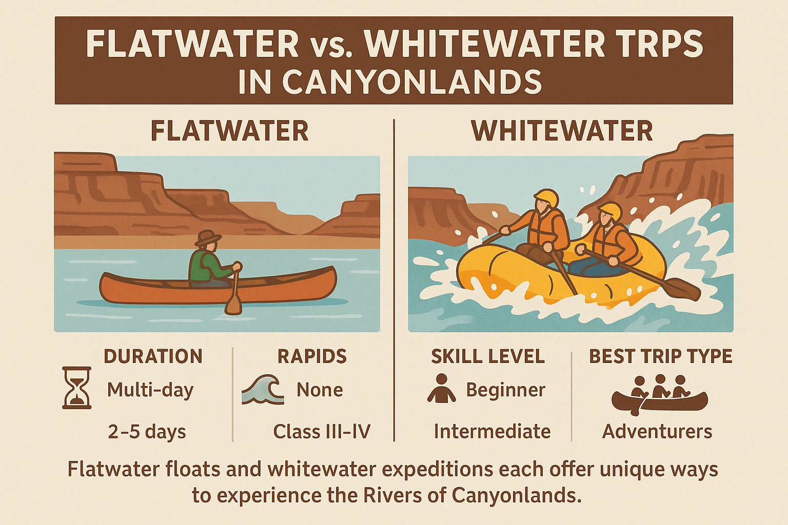 flatwater vs whitewater canyonlands infographic Illustrated comparison showing a calm canoe on flatwater versus a raft plunging through Cataract Canyon whitewater, with icons for duration, rapids, skill level, and best trip type.