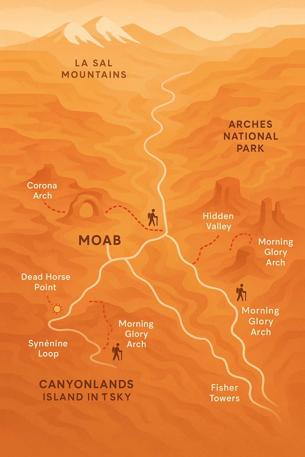 moab-utah-hiking-area-overview-map-arches-canyonlands Regional overview map of Moab, Utah, with labeled locations including Arches National Park, Canyonlands National Park, Dead Horse Point State Park, Fisher Towers, Corona Arch, La Sal Mountains, and the Colorado River, with scenic drives and hiking trails marked.