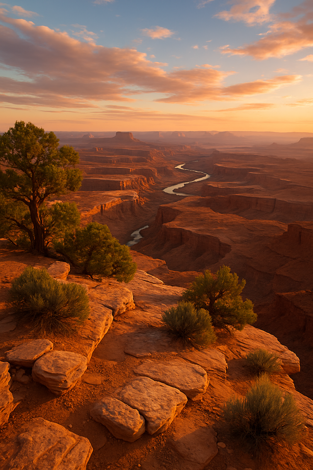 Panoramic view from Murphy Point in Canyonlands National Park at golden hour, overlooking the winding Green River and vast red rock canyons with glowing sandstone cliffs, sparse juniper trees, and a vivid evening sky.