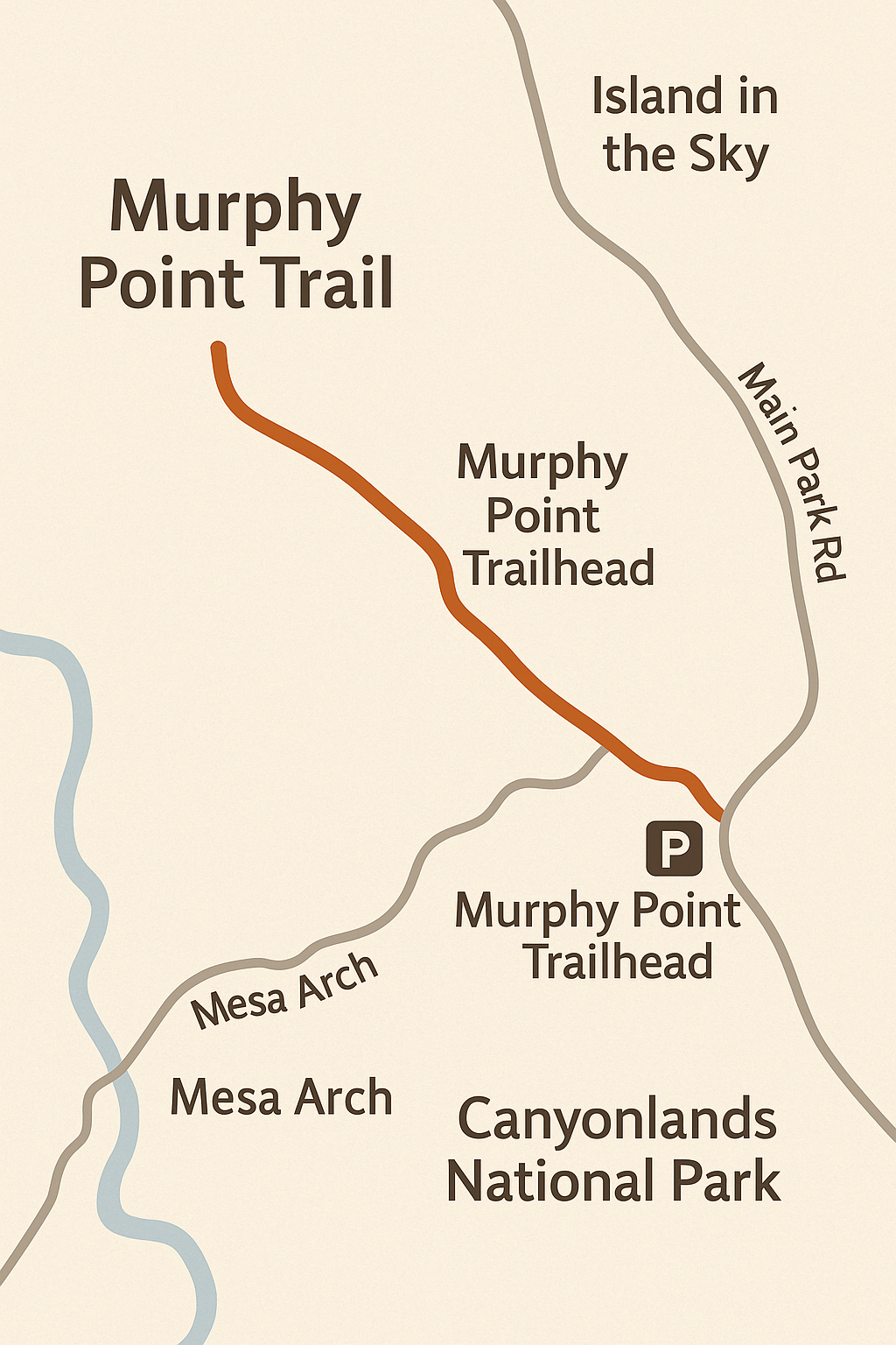 Minimalist illustrated trail map of the Murphy Point Trail in Canyonlands National Park, showing the route from the Murphy Point Trailhead to Murphy Point Overlook with a burnt-orange path, labeled landmarks, main park road, and surrounding mesa features on a light beige desert background.