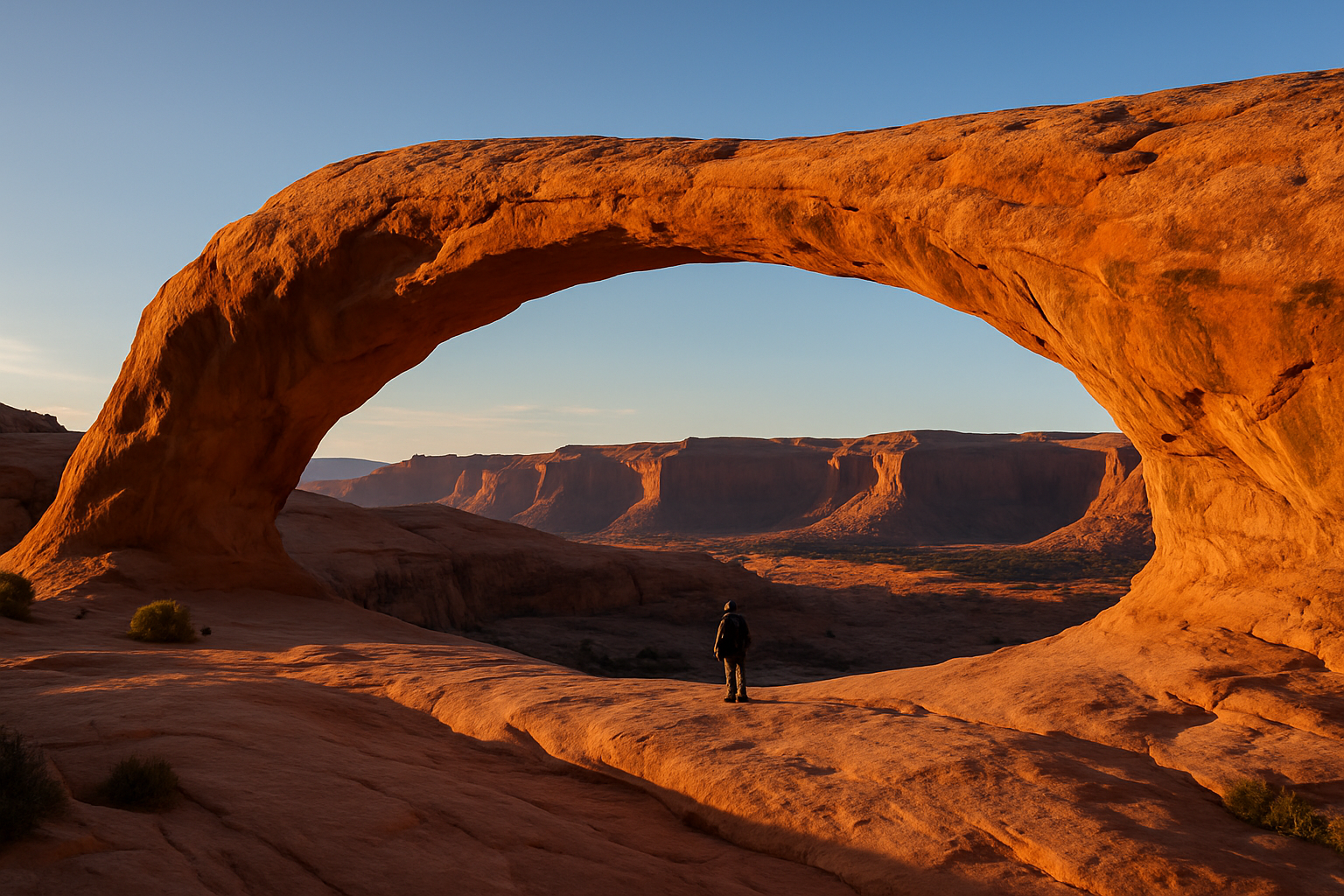 A wide-angle view of Pinto Arch in Moab, Utah, with deep red sandstone cliffs, blue desert sky, and hikers standing beneath the arch for scale. Capture the sense of remoteness and desert beauty. Landscape orientation