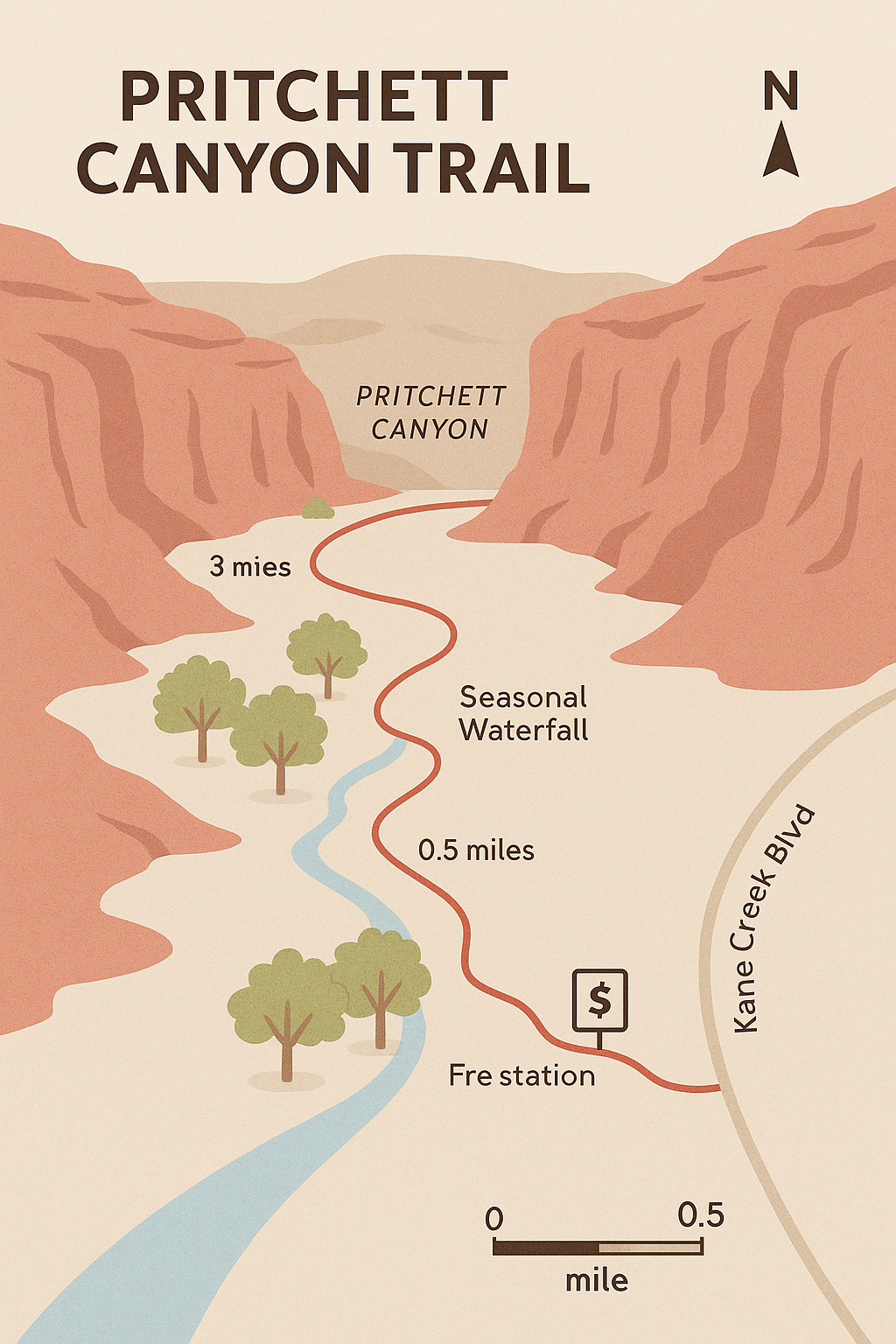 pritchett canyon simple trail map Map of Pritchett Canyon Trail near Moab, Utah, showing the out-and-back route from Kane Creek Boulevard trailhead with fee station, sandy wash sections, cottonwood groves, seasonal waterfalls, and a turnaround point about three miles in. Includes north arrow, scale bar, and distance labels.