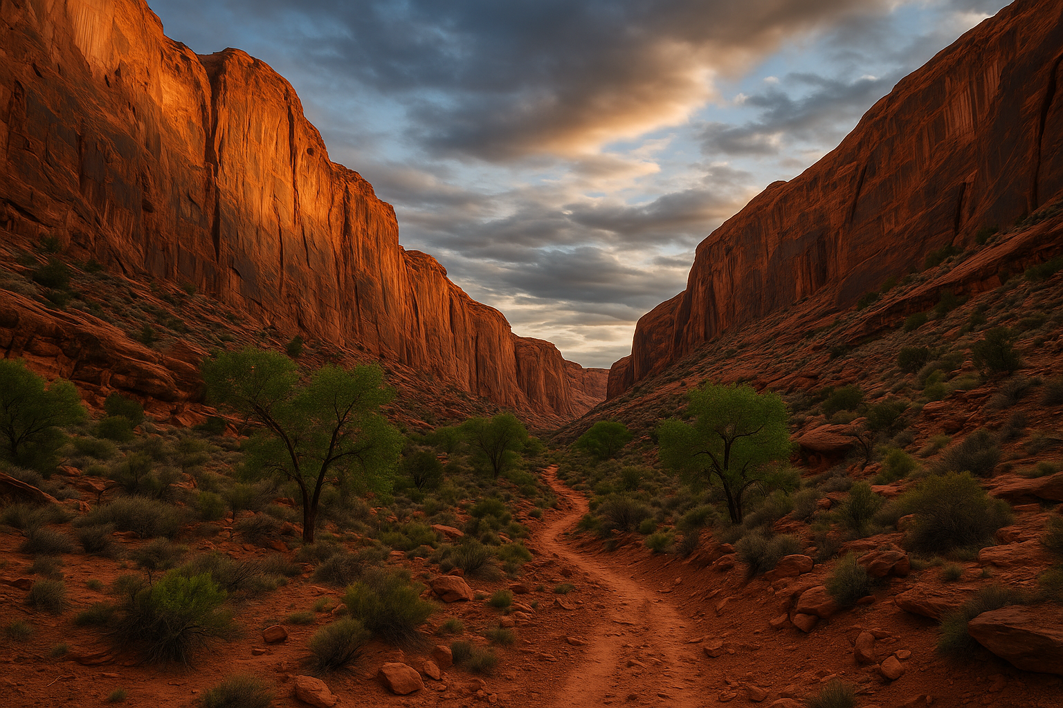 pritchett canyon trail hero image Landscape photo of Pritchett Canyon near Moab, Utah – towering red sandstone canyon walls glowing in soft desert light, a rugged hiking trail winding through cottonwood trees, dramatic desert sky, cinematic wide-angle view.