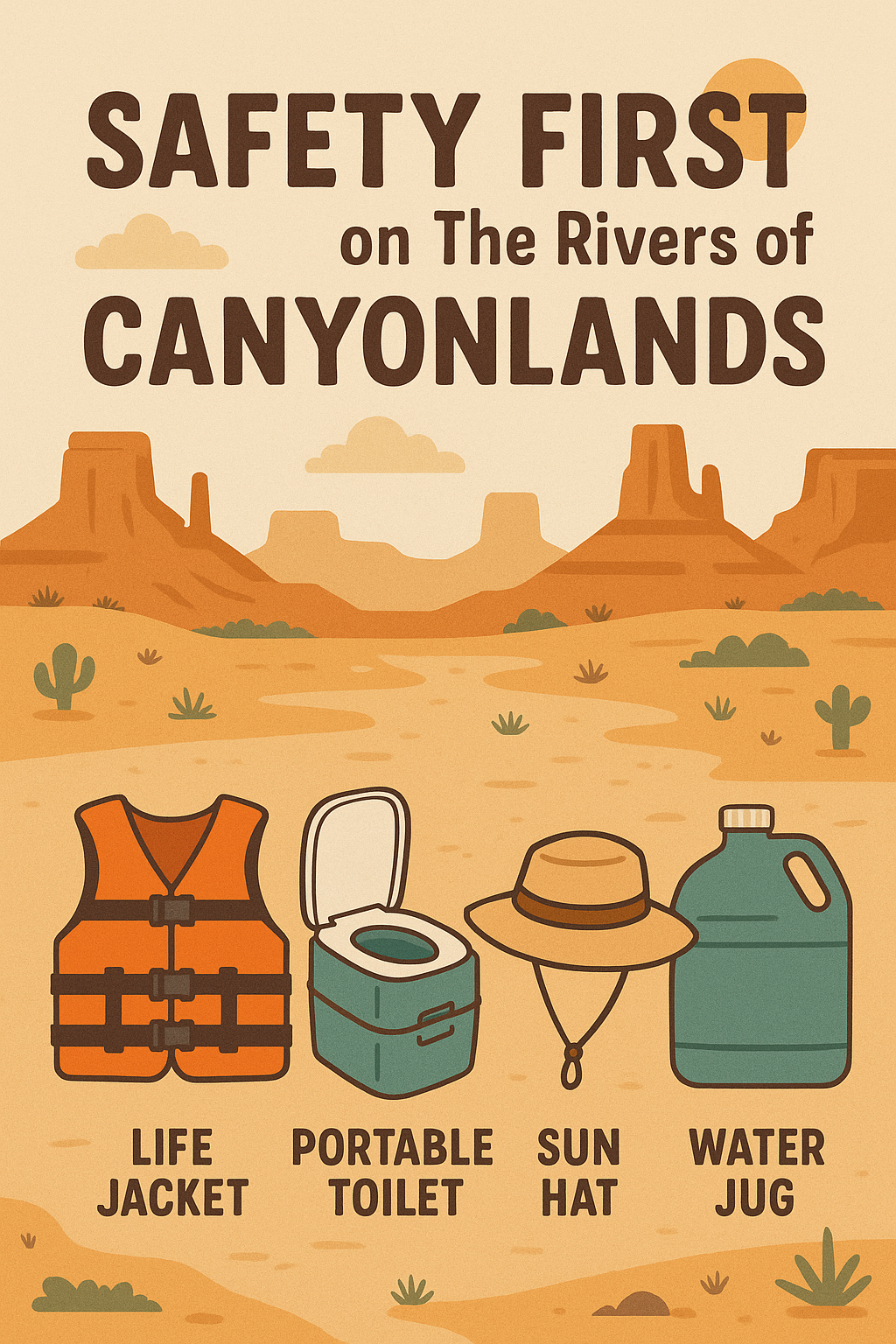 safety first rivers canyonlands Illustrated desert-themed infographic with icons of life jacket, sun hat, water jug, and portable toilet system emphasizing safety on Canyonlands river trips.
