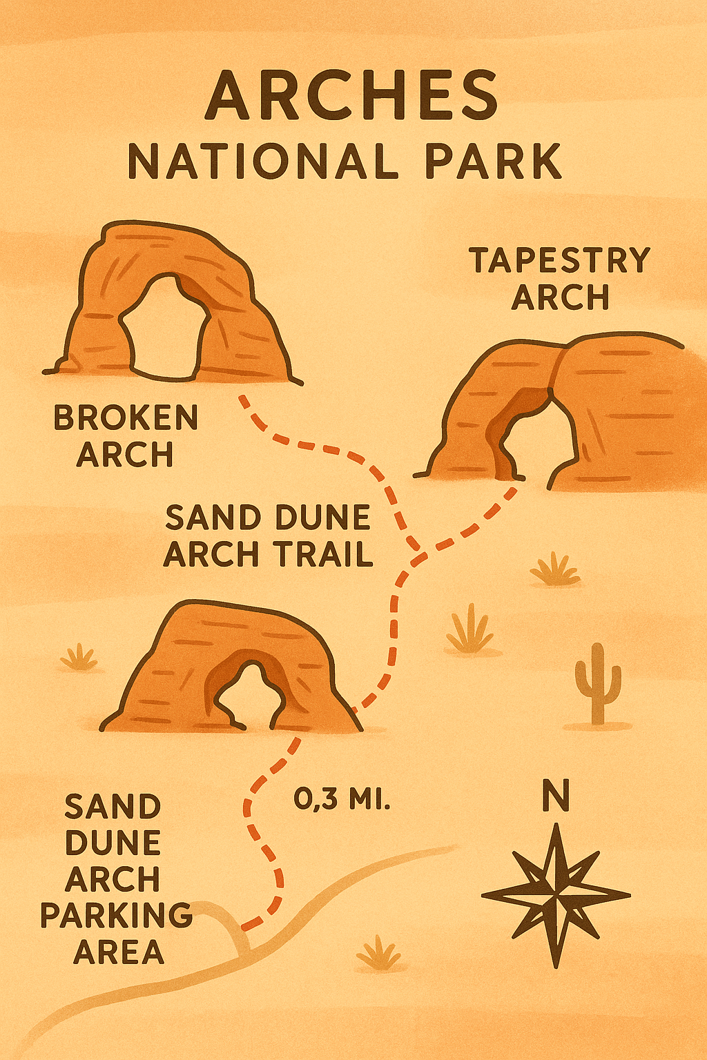san_dune_arch_trail_map Illustrated trail map showing the short path from the Sand Dune Arch Parking Area to Sand Dune Arch, with nearby Broken Arch and Tapestry Arch marked, located along the Arches Scenic Drive in Arches National Park.
