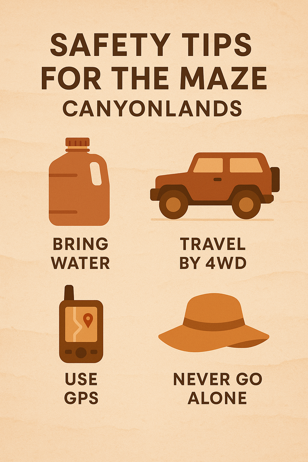 the maze canyonlands safety infographic Illustrated infographic showing safety tips for visiting The Maze with icons for water, 4WD, GPS, and group travel.