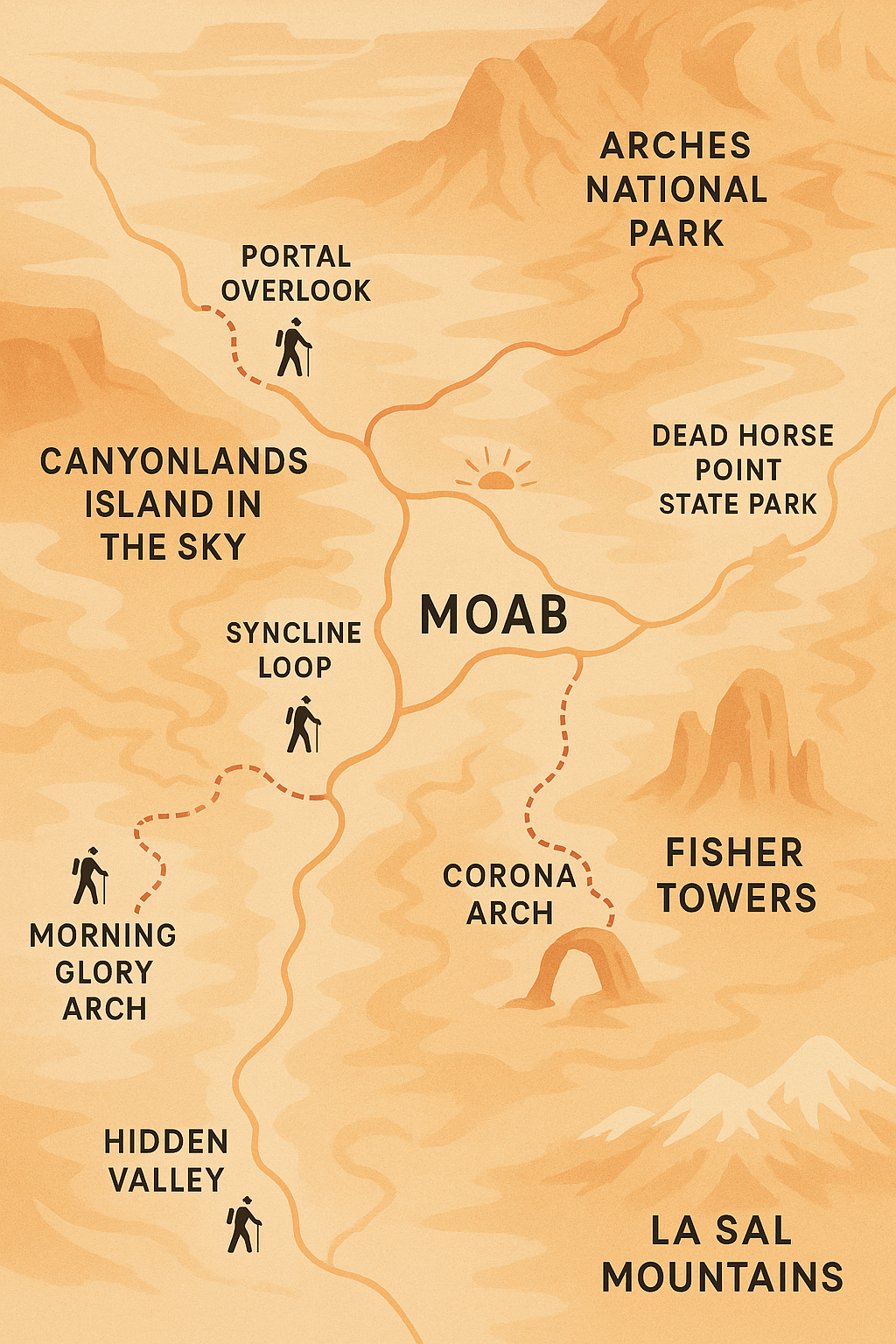 weekend-moab-hiking-itinerary-map-arches-canyonlands Stylized hiking map of Moab, Utah, featuring Arches National Park and Canyonlands Island in the Sky, highlighting Windows Section, Delicate Arch, Landscape Arch, Devils Garden, Dead Horse Point, Mesa Arch, Grand View Point Trail, Murphy Point Trail, and Syncline Loop.