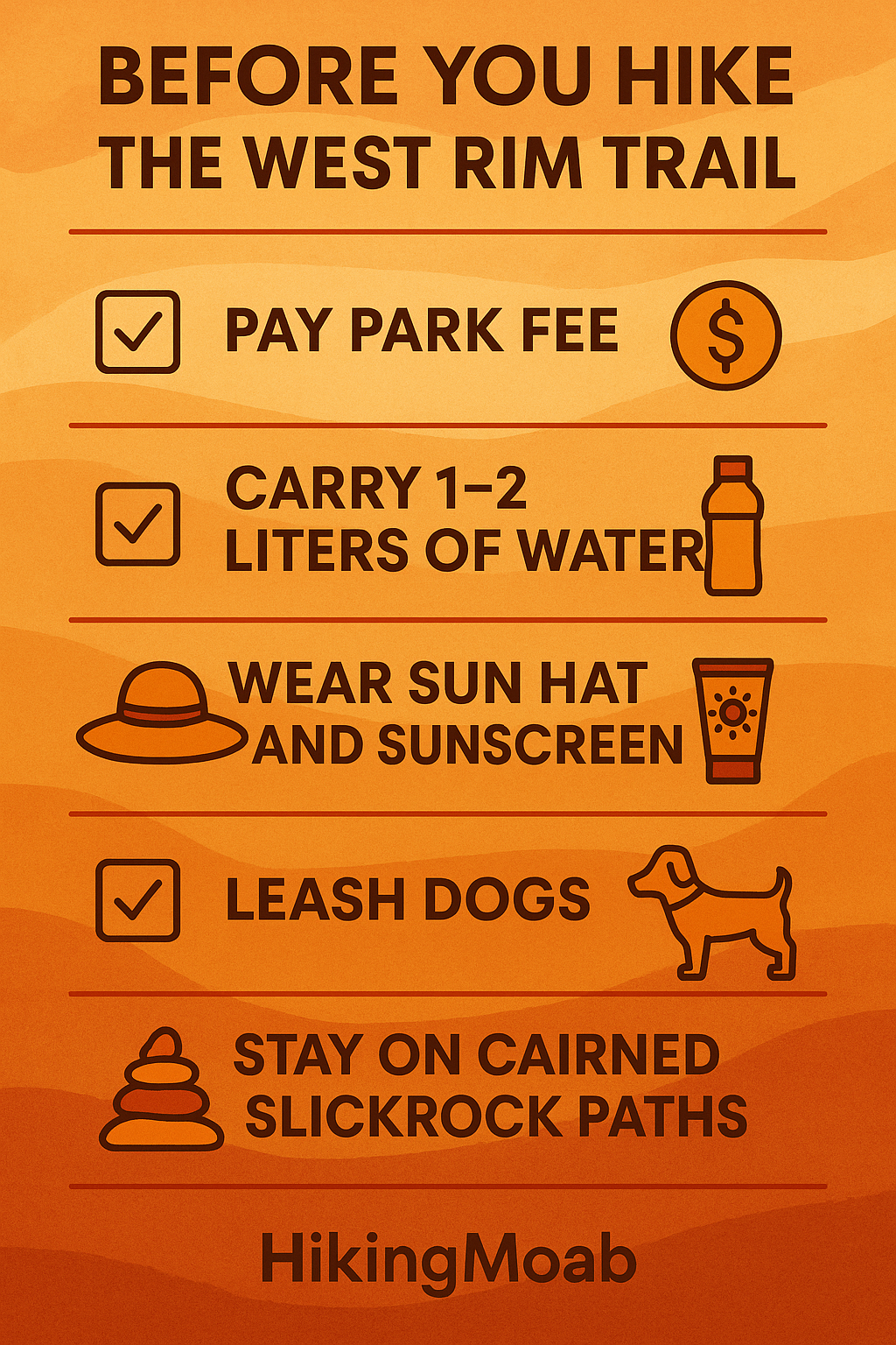 west rim hiking trail checklist Checklist infographic with icons reminding hikers to pay fee, bring water, wear sun protection, leash dogs, and stay on cairned paths before hiking the West Rim Trail.