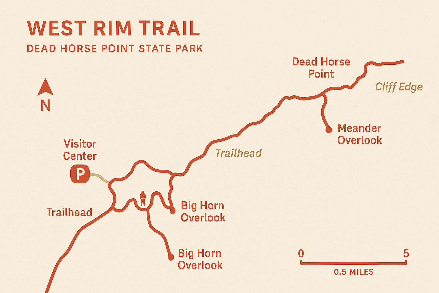 west rim hiking trail map dead horse point state park Simplified map of the West Rim Trail showing Visitor Center trailhead, Big Horn Overlook, and rim viewpoints.